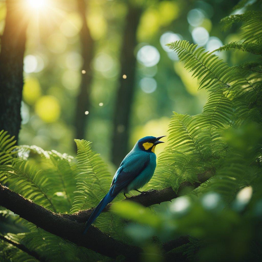 Birds fluttering, displaying vibrant tail feathers in a lush, sunlit forest clearing