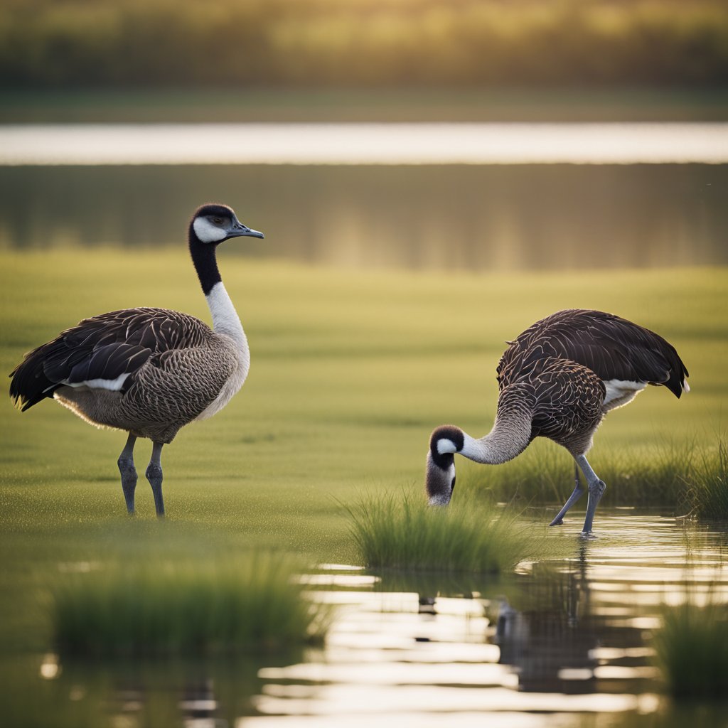 Waterfowl swim in a tranquil pond while ostriches roam the grassy plains