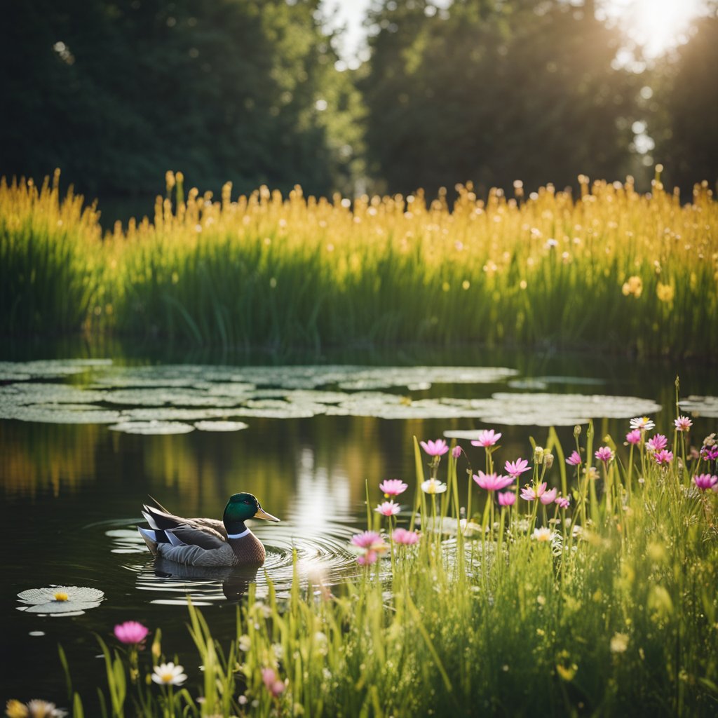 A pond with ducks swimming and quacking, surrounded by tall grass and colorful wildflowers