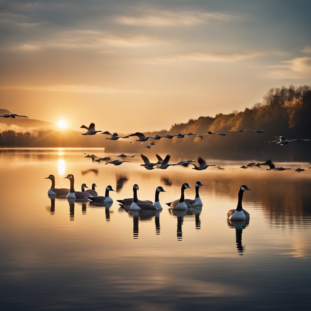 A flock of geese flying in a V formation over a tranquil lake at sunset