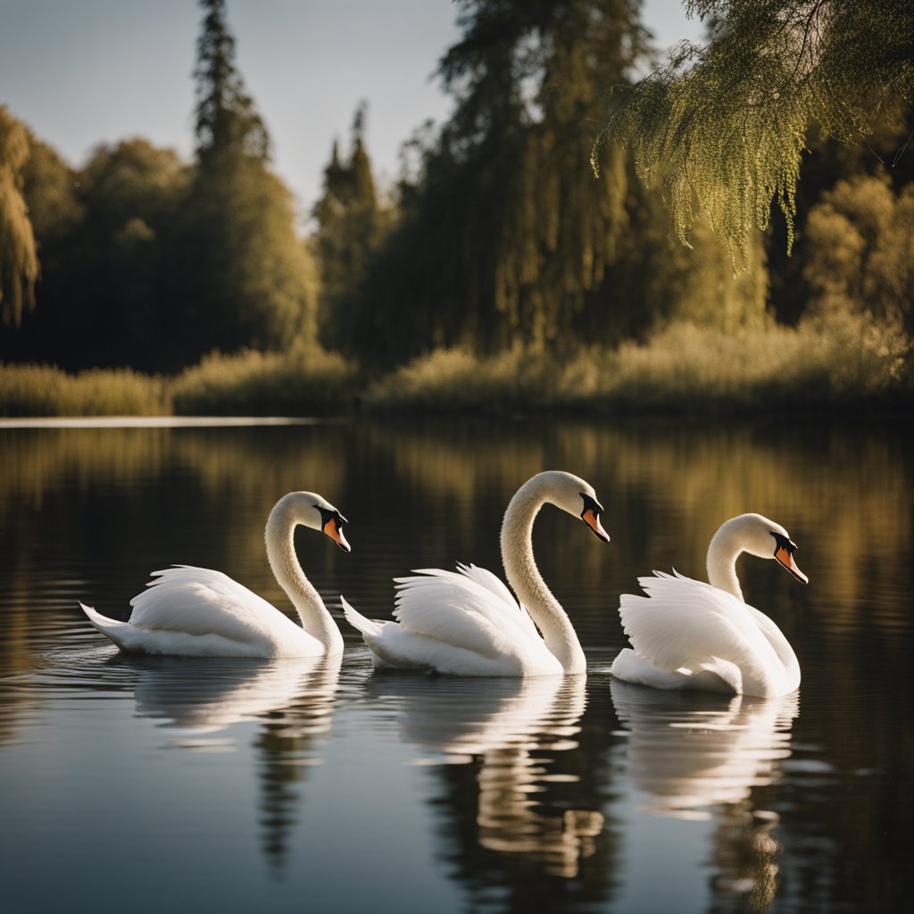 Graceful swans glide across the tranquil lake, their elegant necks arching as they preen their pristine white feathers. The sun glistens off the water, casting a radiant glow on the majestic birds