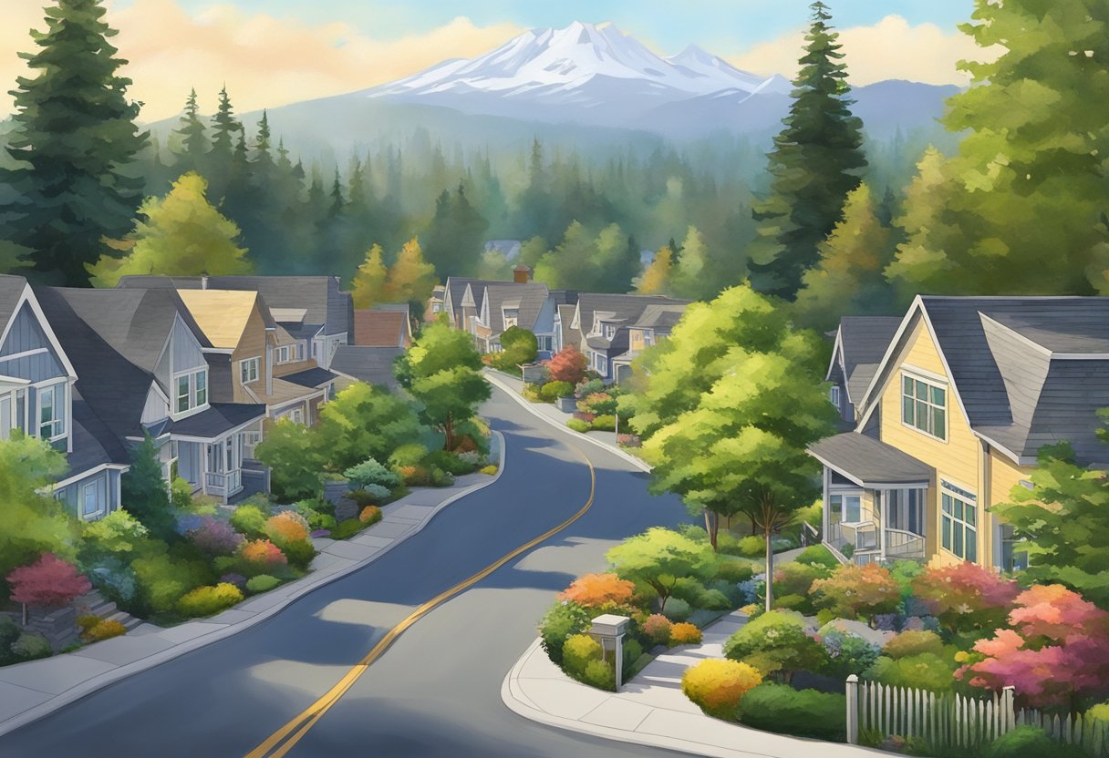 A serene suburban street in Redmond, Washington, with lush green trees, neat houses, and a backdrop of the Cascade Mountains