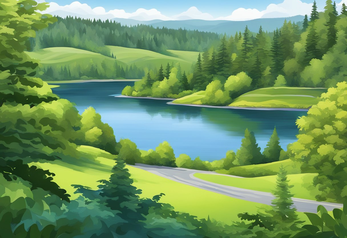Rolling hills and lush greenery surround a tranquil lake under a clear blue sky in Redmond, Washington