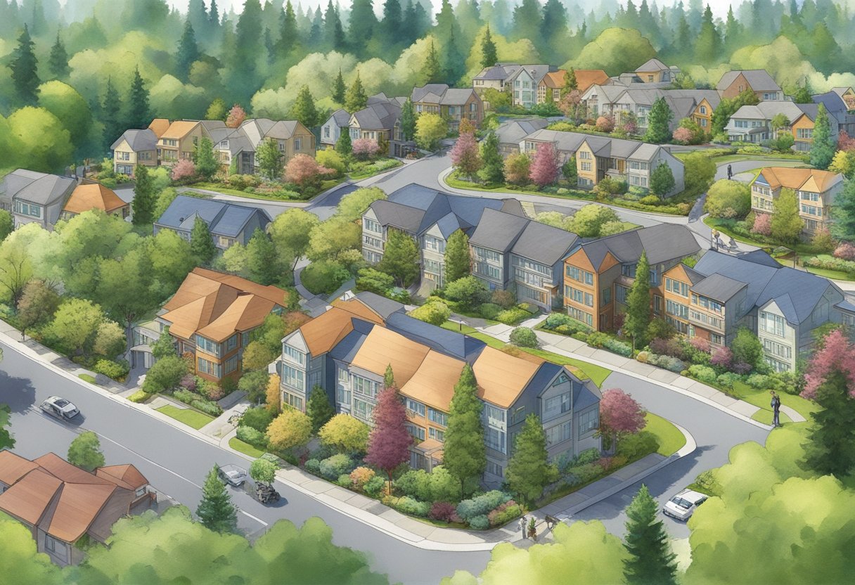 A diverse community in Redmond, WA, with people of various ages, ethnicities, and backgrounds, living in houses and apartments surrounded by lush greenery