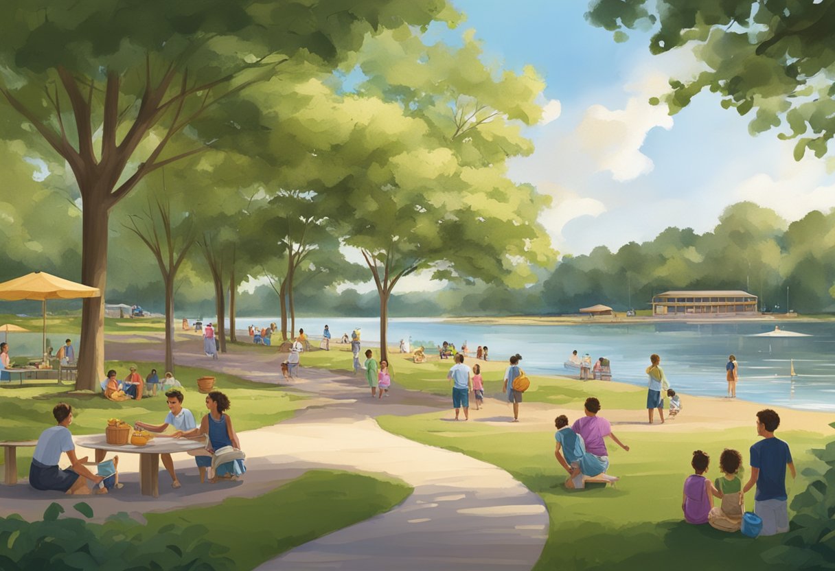 Idylwood Beach Park features a tranquil lake surrounded by lush greenery and a sandy beach, with families picnicking and children playing in the water
