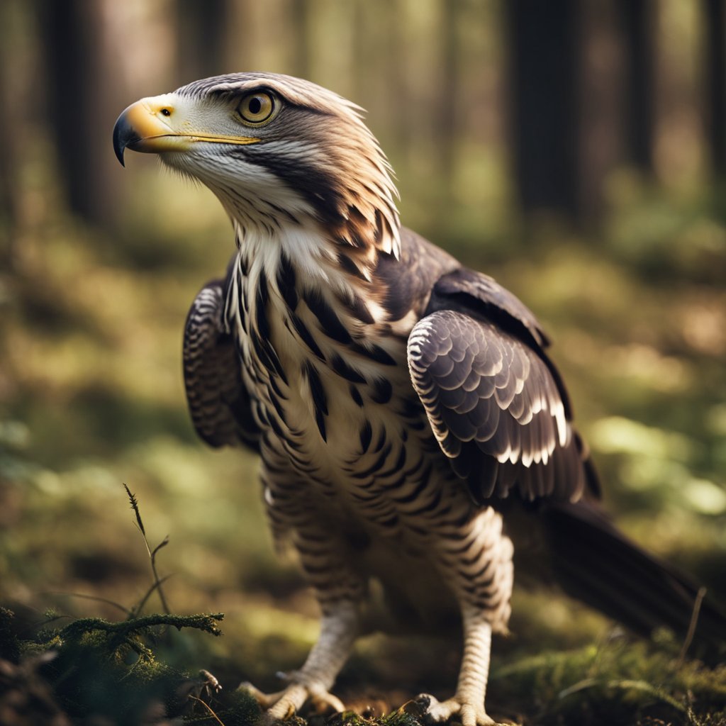 Various raptor species hunt and eat prey in a forest clearing. Feathers and bones scatter the ground as the predators feast