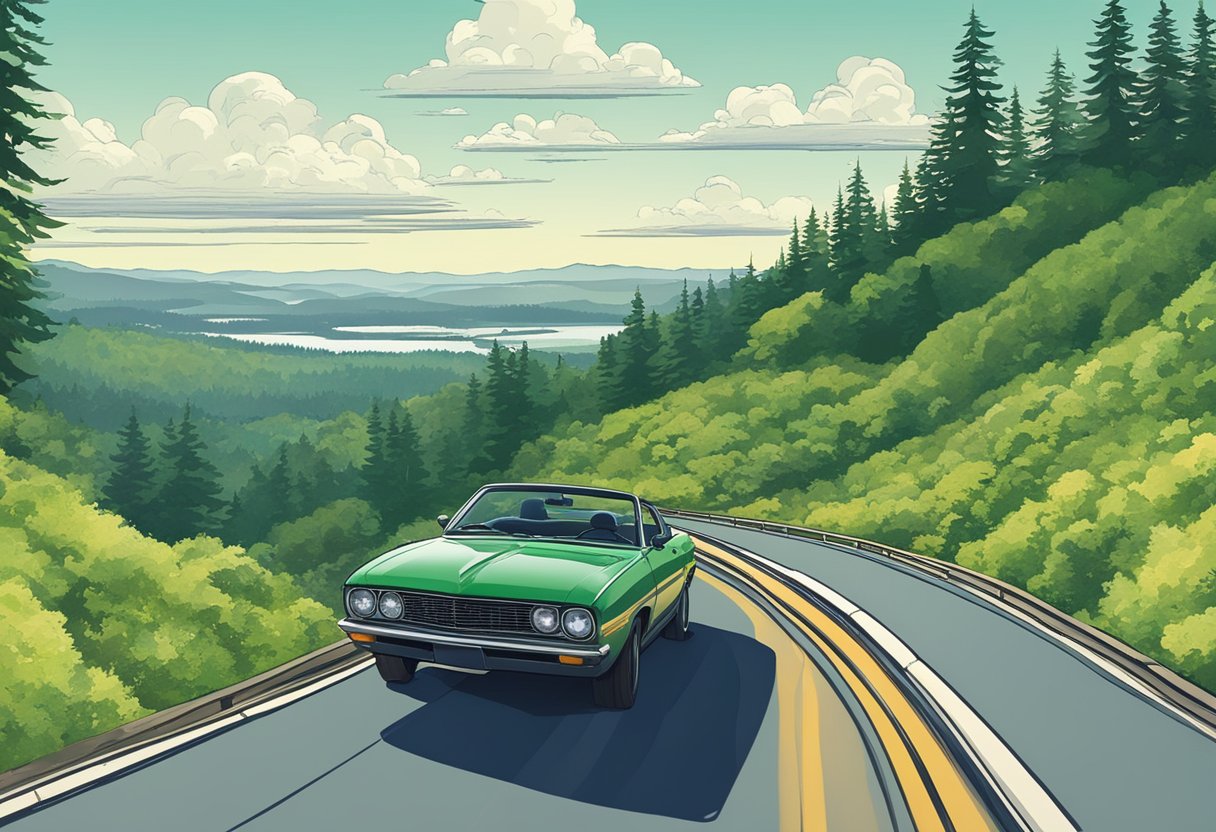 A car drives through lush green forests towards Redmond, Washington. The road winds through rolling hills and past sparkling lakes, with the distant outline of the city on the horizon