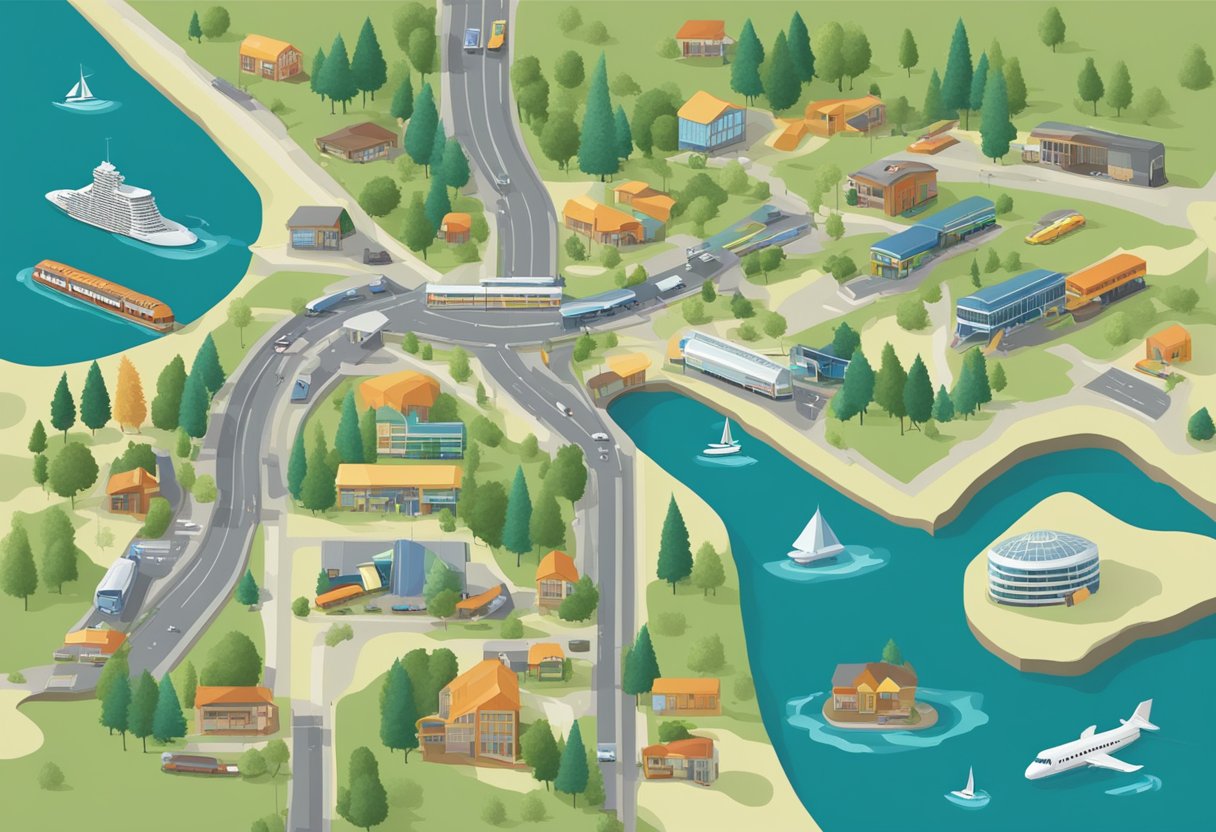 A map showing various transportation options to Redmond, Washington: car, bus, train, bicycle, and plane