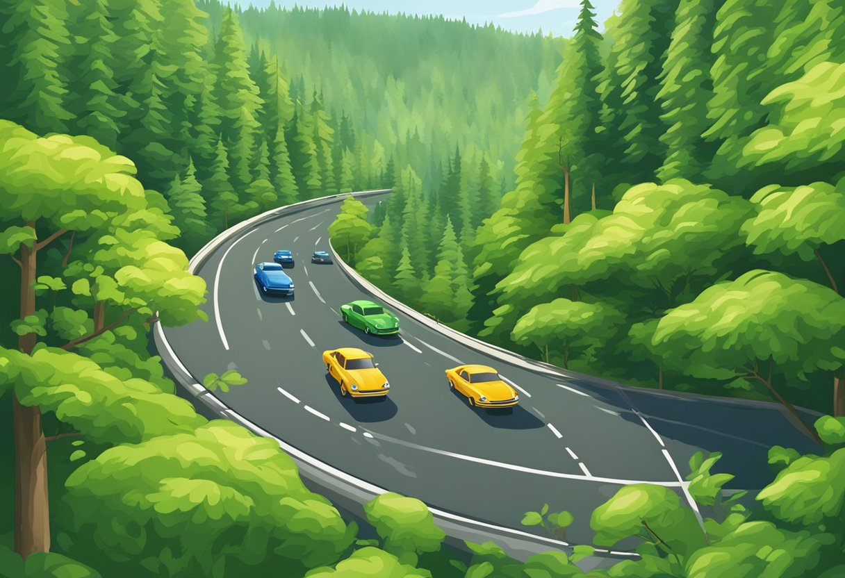 Cars driving on a winding road through lush green forests towards Redmond, Washington