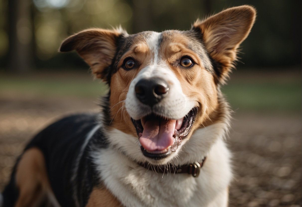 A dog with a wide, open mouth and crinkled eyes, resembling a human smile. Tail wagging, ears perked, and a relaxed body posture