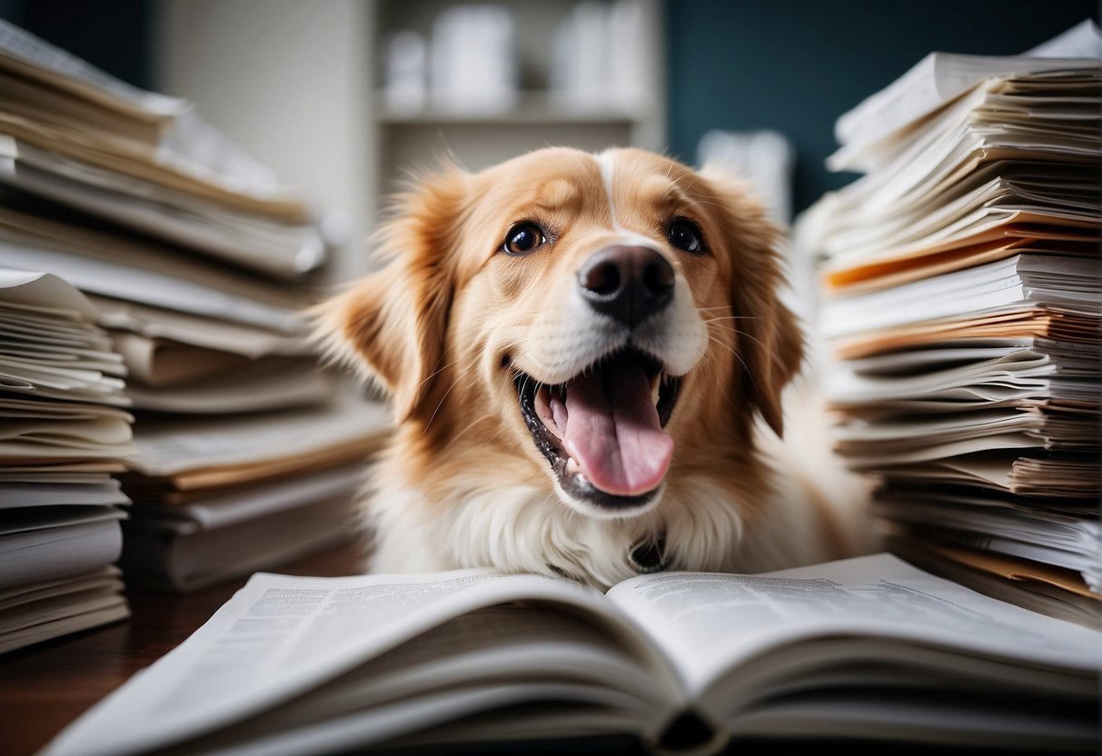 A dog with a joyful expression, mouth open and tongue out, surrounded by scientific research papers