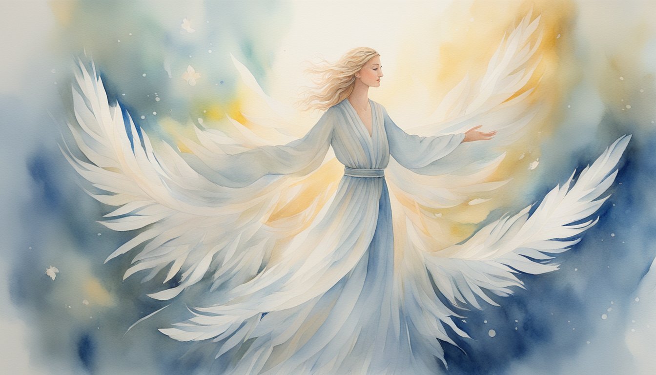 A figure bathed in celestial light, surrounded by floating feathers and radiating a sense of peace and guidance