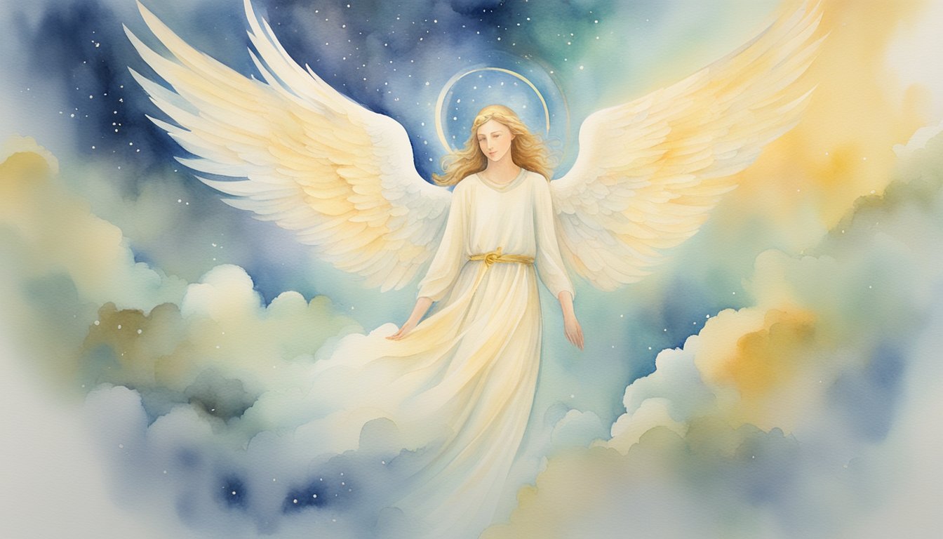 A glowing angelic figure hovers above the number 1042, surrounded by celestial light and a sense of peace and guidance
