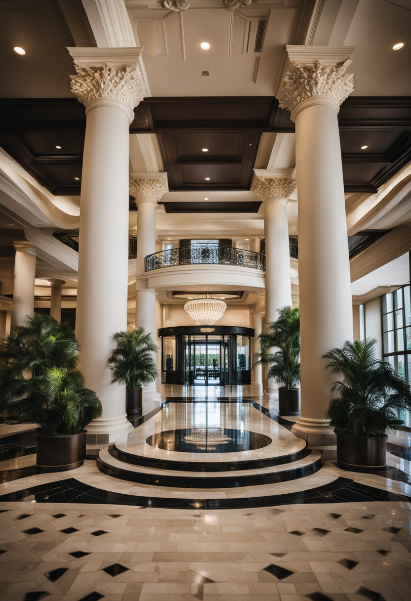 The grand entrance of Hilton Waco, with its towering pillars and elegant architecture, exudes luxury and sophistication, making it one of the best 5-star hotels in Waco