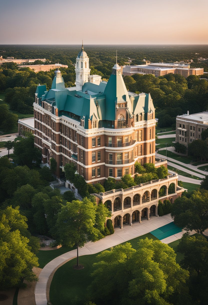 A grand hotel building stands tall against a backdrop of the Baylor University campus, with lush greenery and modern architecture surrounding it
