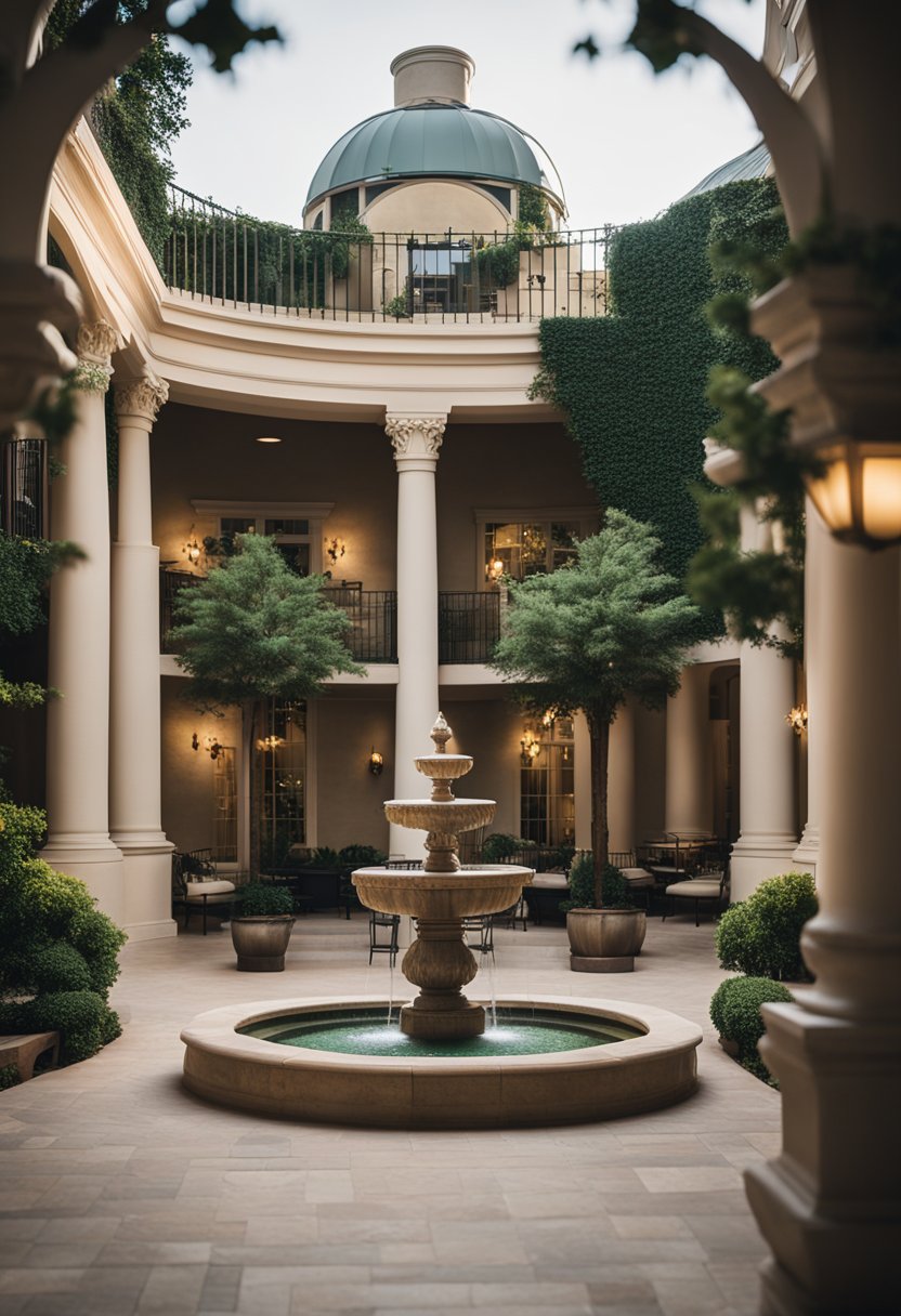 A grand courtyard with lush greenery, elegant fountains, and luxurious seating areas, showcasing Courtyard Waco as one of the best 5-star hotels in Waco