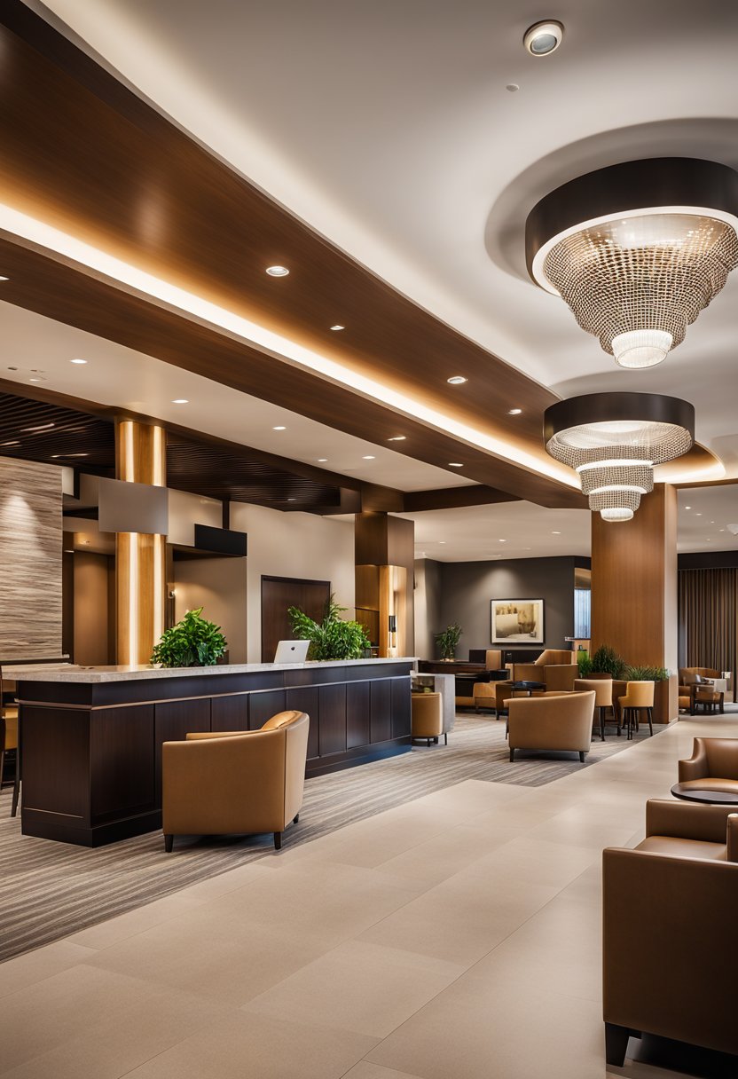 A grand, modern hotel lobby with sleek furniture and a welcoming reception desk at Hyatt Place Waco South