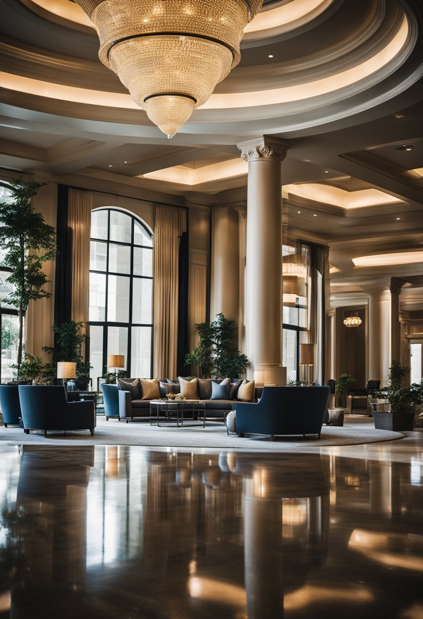 A grand 5-star hotel in Waco, with a luxurious lobby, elegant furnishings, and attentive staff assisting guests