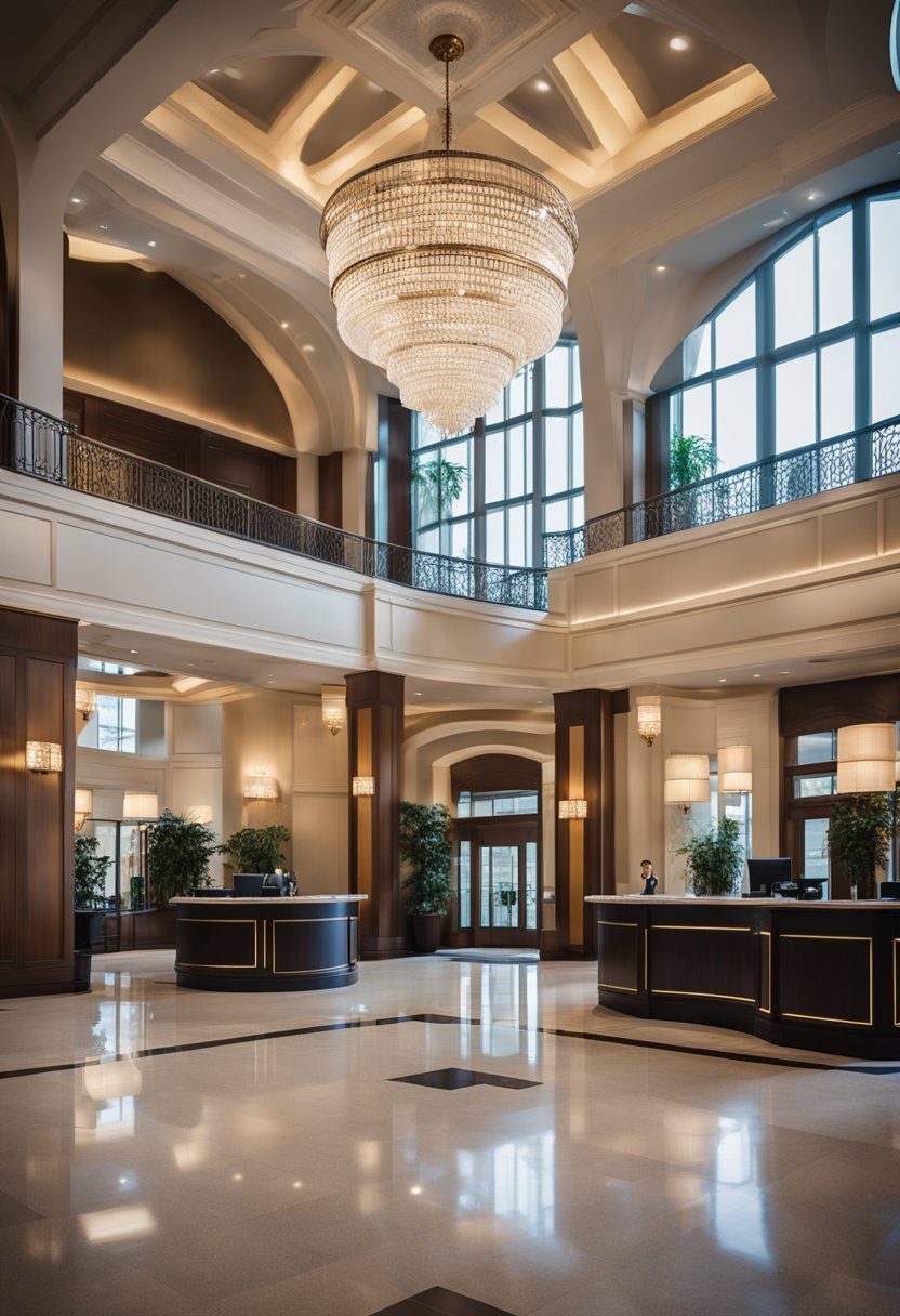 A grand lobby with plush furnishings and a chandelier. A concierge desk with friendly staff. Elegant signage for top-rated 5-star hotels in Waco