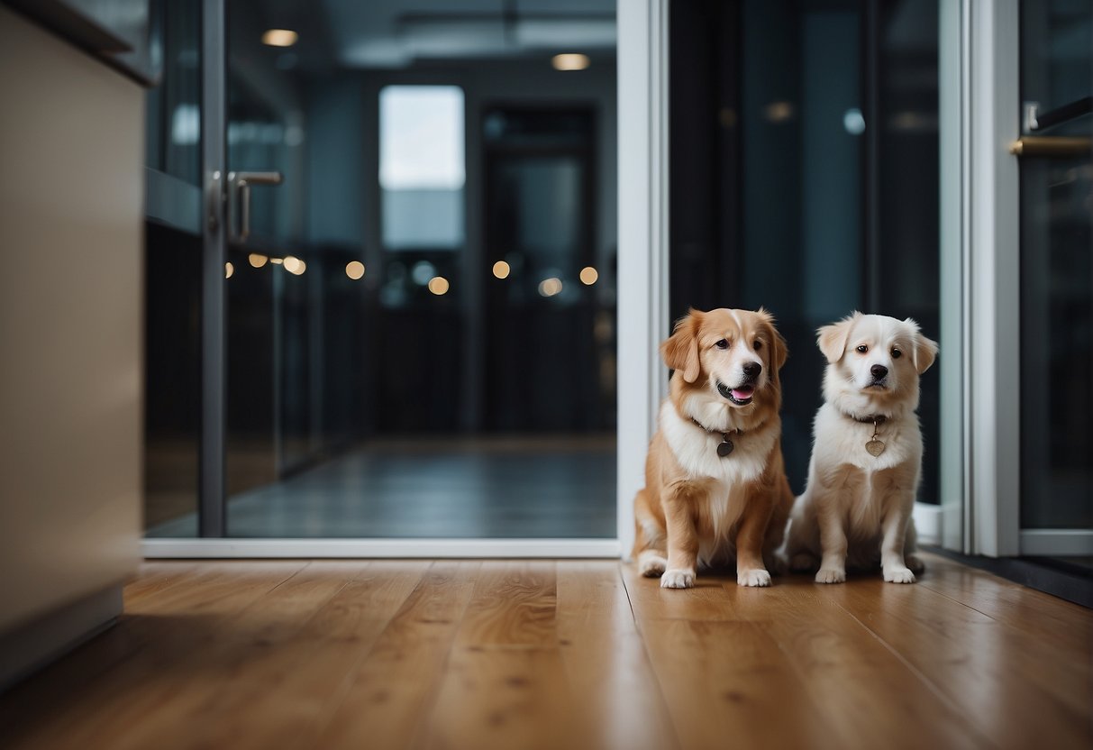 Dogs waiting by a door, with a clock on the wall showing the passing of time