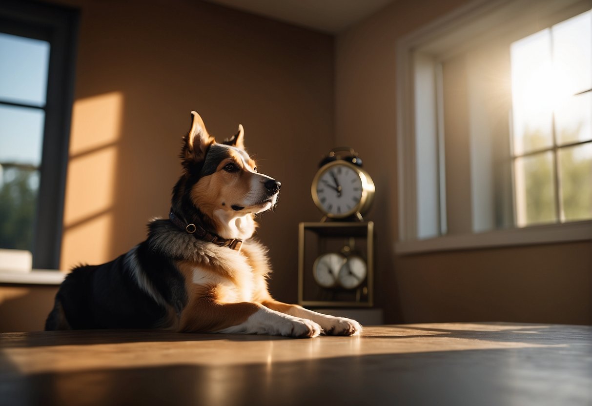 A dog sitting in a sunlit room, gazing out the window with a clock on the wall showing the passage of time