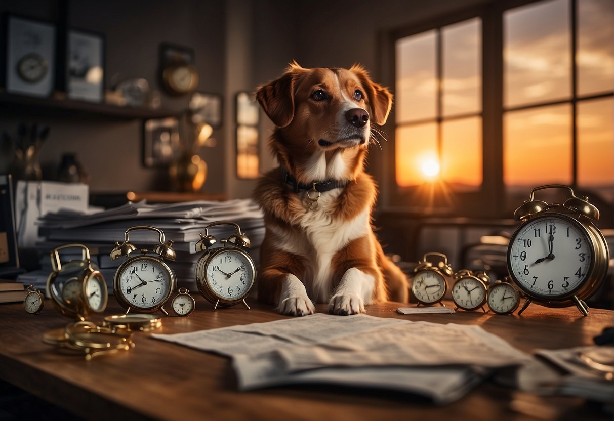 A dog surrounded by clocks, calendars, and sunsets, pondering the concept of time