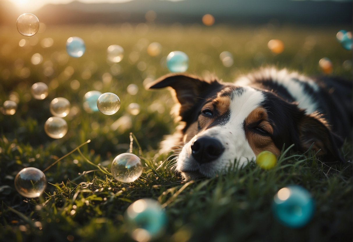A sleeping dog with peaceful expression, surrounded by floating dream bubbles filled with bones, toys, and running through fields