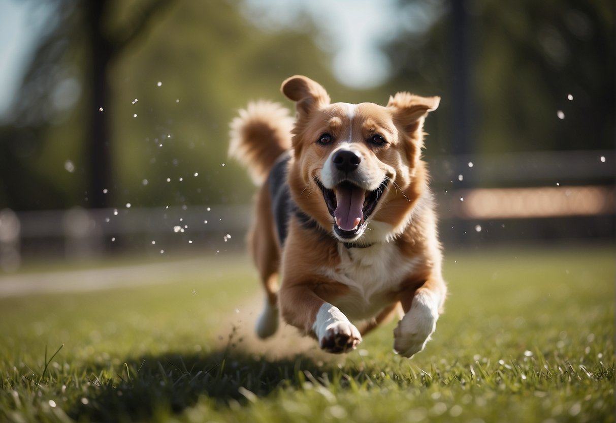 A hyperactive dog runs in circles, jumps, and barks excessively, unable to focus on one activity for long