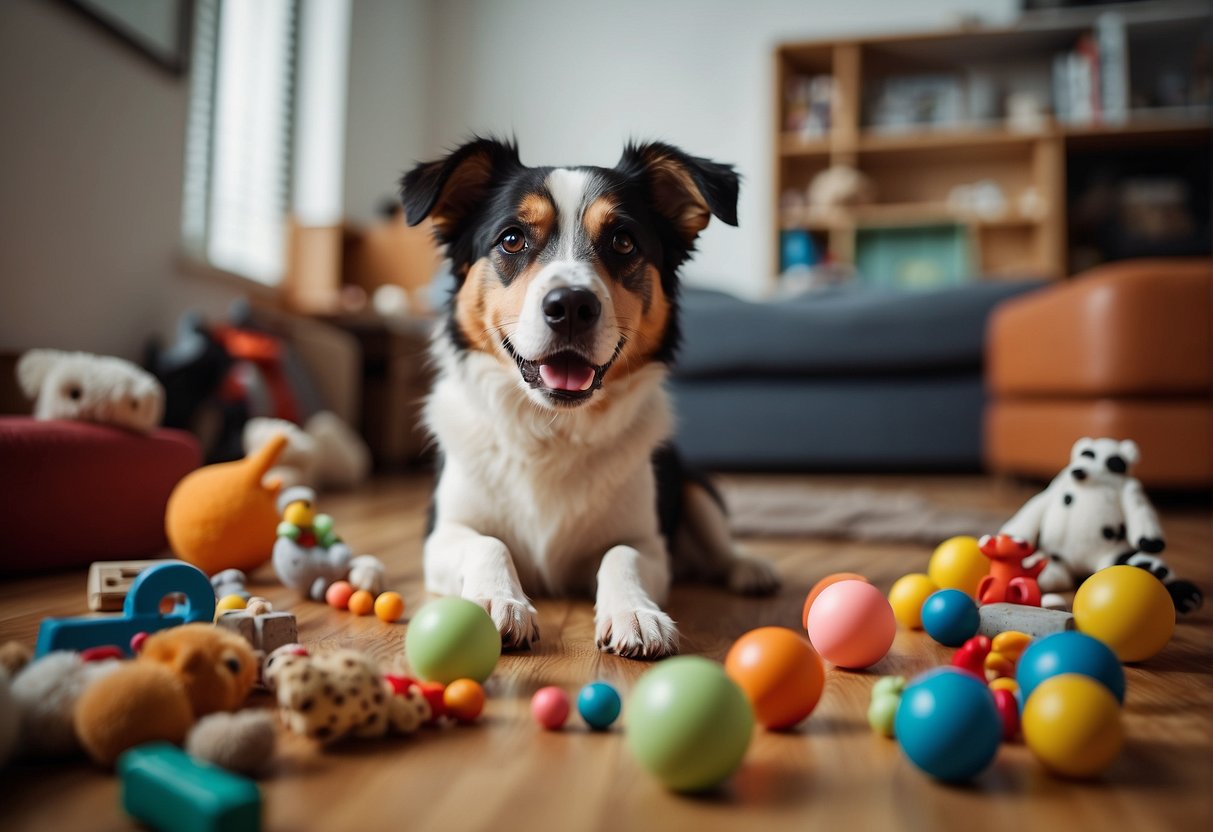 A dog with ADHD sits restlessly, surrounded by scattered toys and a frustrated owner