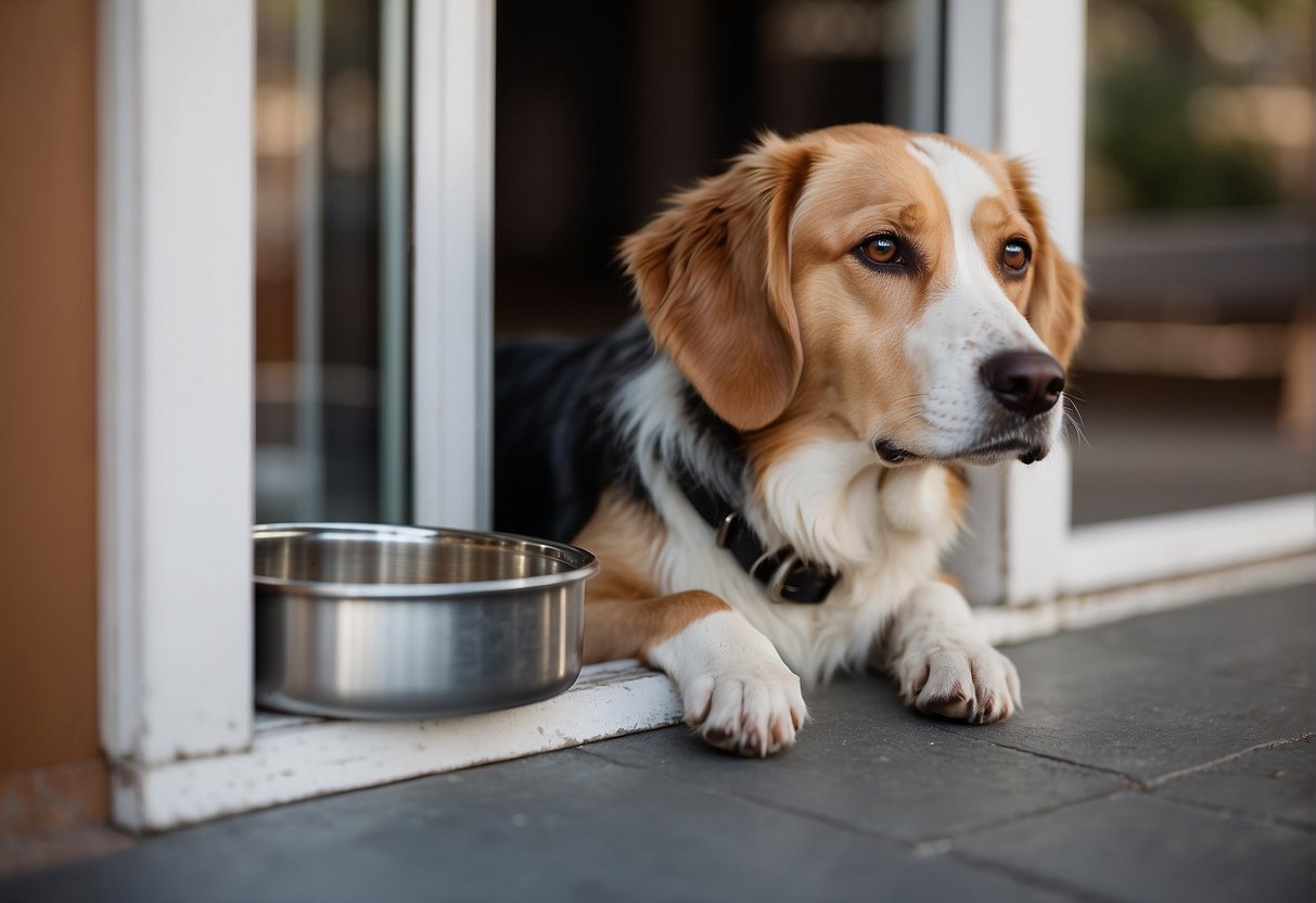 A dog sits by a closed door, looking out a window. Empty food and water bowls sit nearby