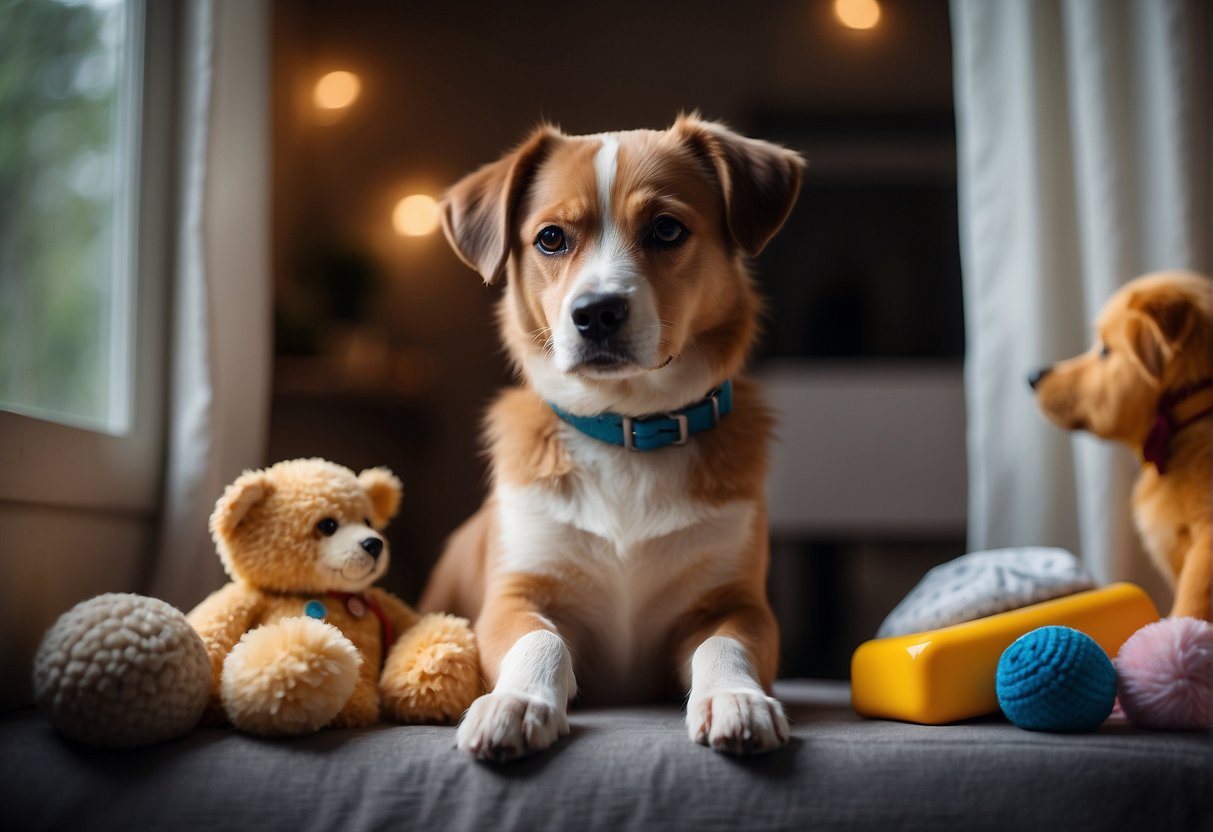 A dog sitting by a window, looking out with a pensive expression, surrounded by toys and a comfortable bed
