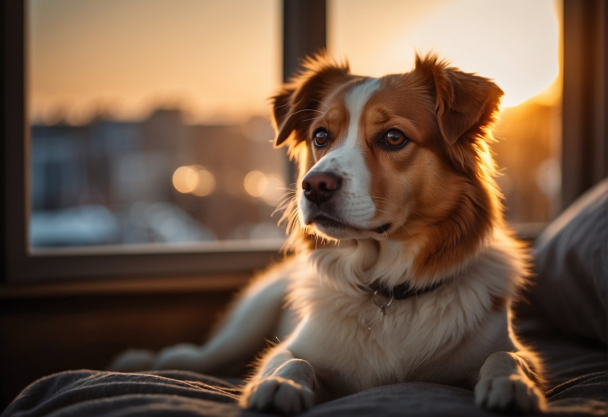 A dog sits by the window, watching as the sun sets. The room is quiet, with a cozy bed and toys scattered on the floor