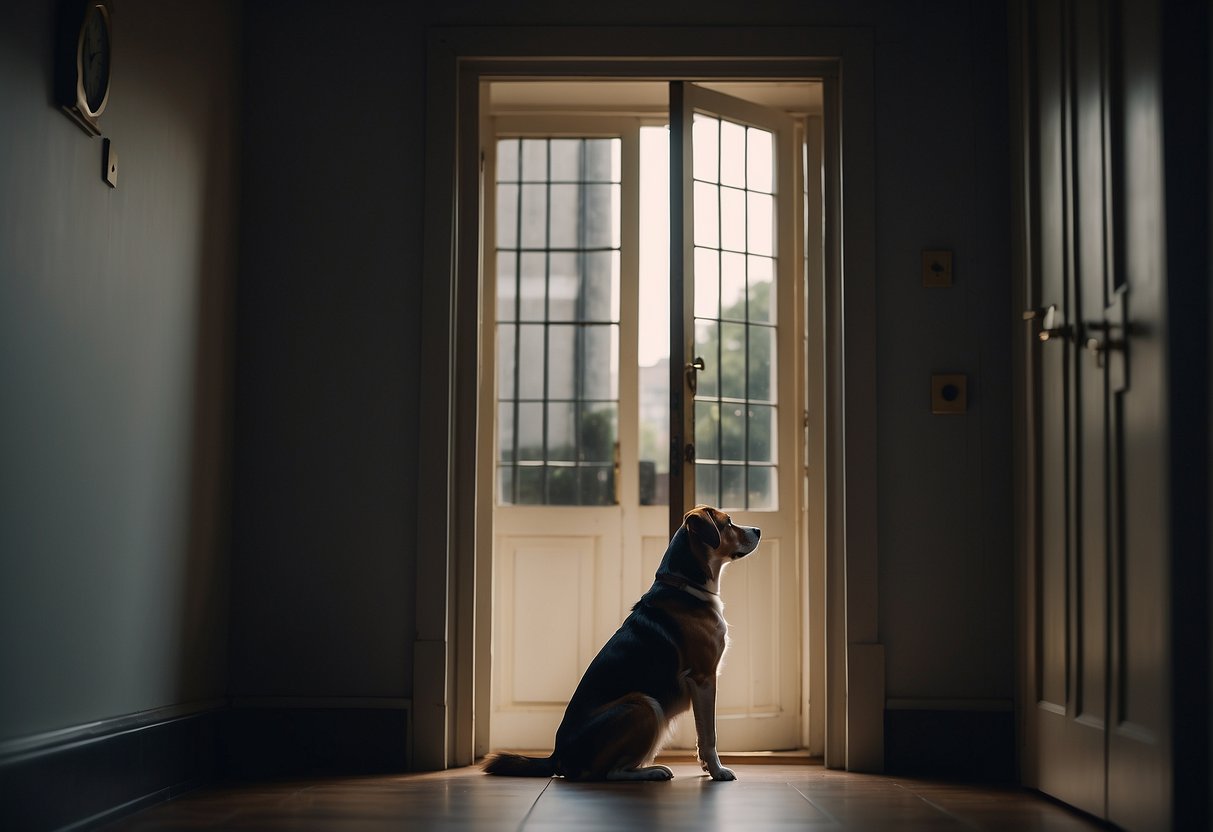 A dog sitting by a closed door, looking out a window with a sad expression. A clock on the wall shows the passing of time
