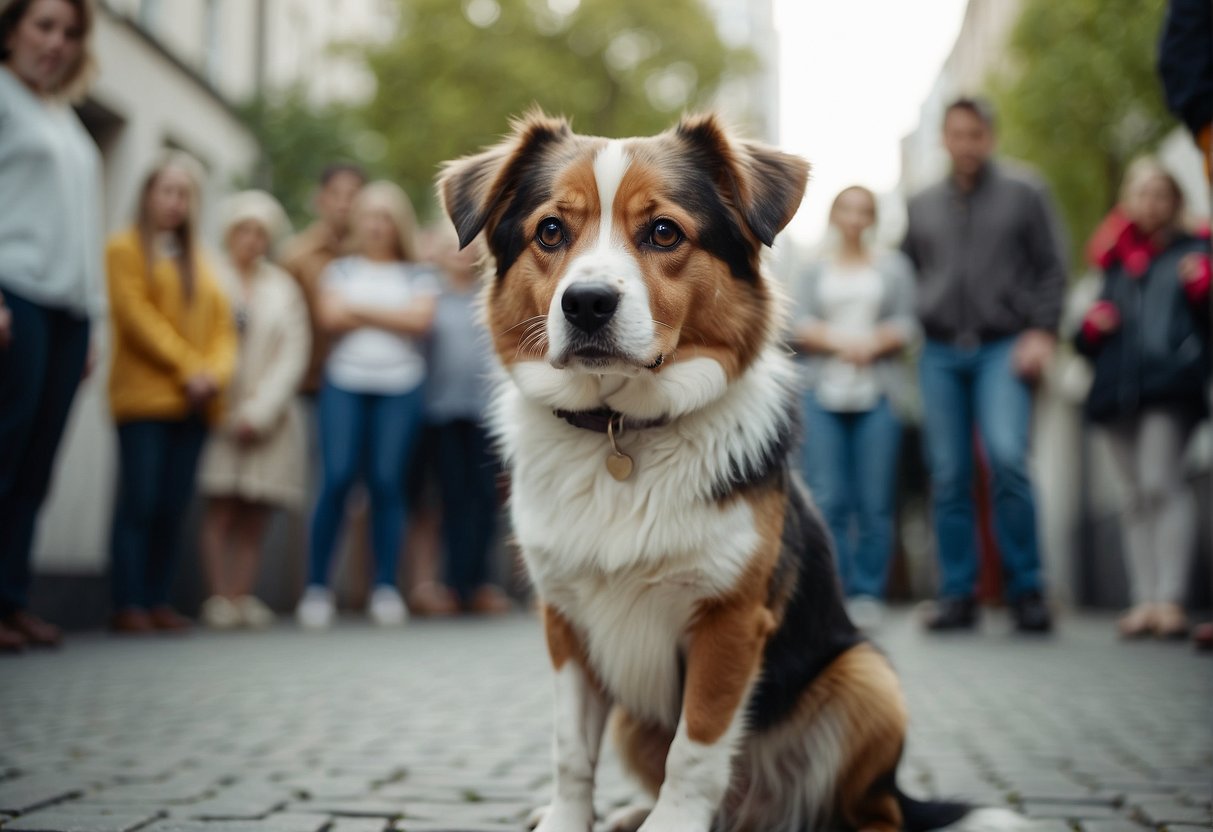 A dog with teary eyes and a sad expression, surrounded by confused onlookers, questioning if dogs can cry