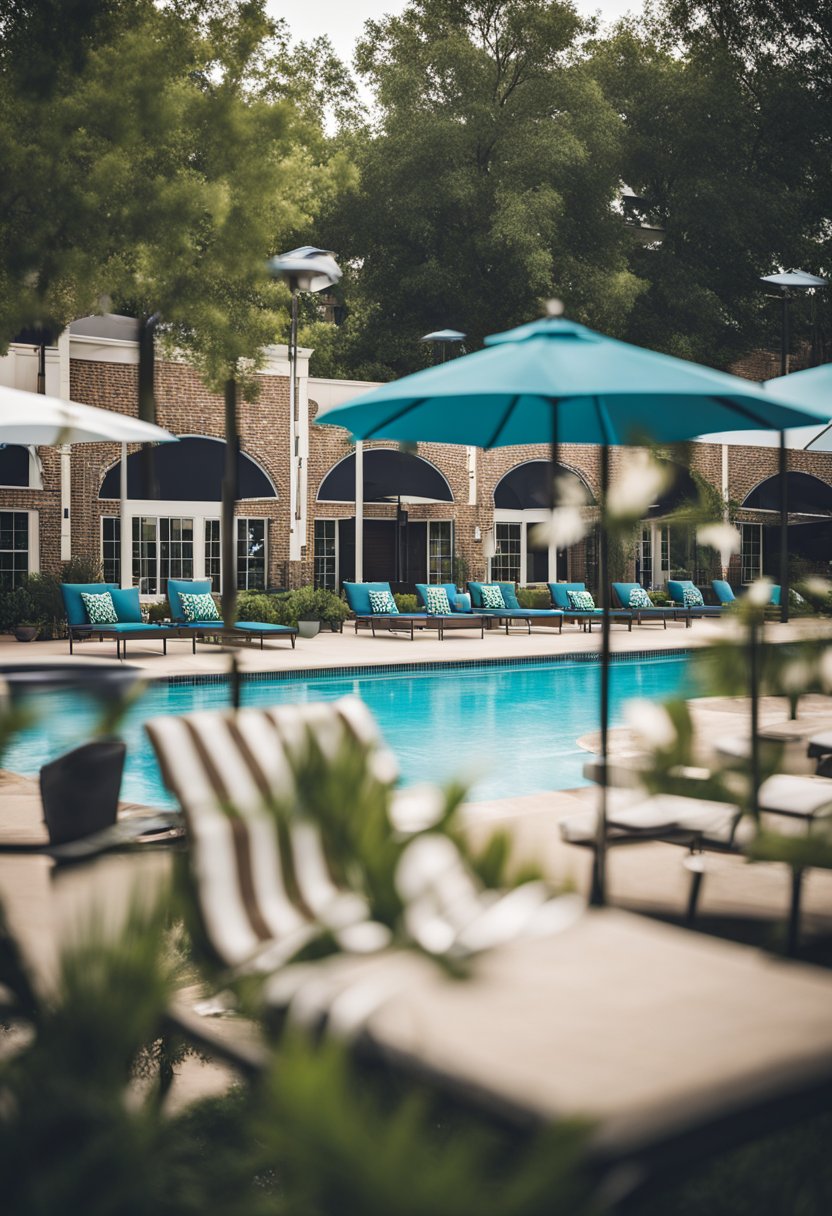Candlewood Suites Waco: A poolside scene at a cheap hotel in Waco with lounging chairs, umbrellas, and a sparkling pool