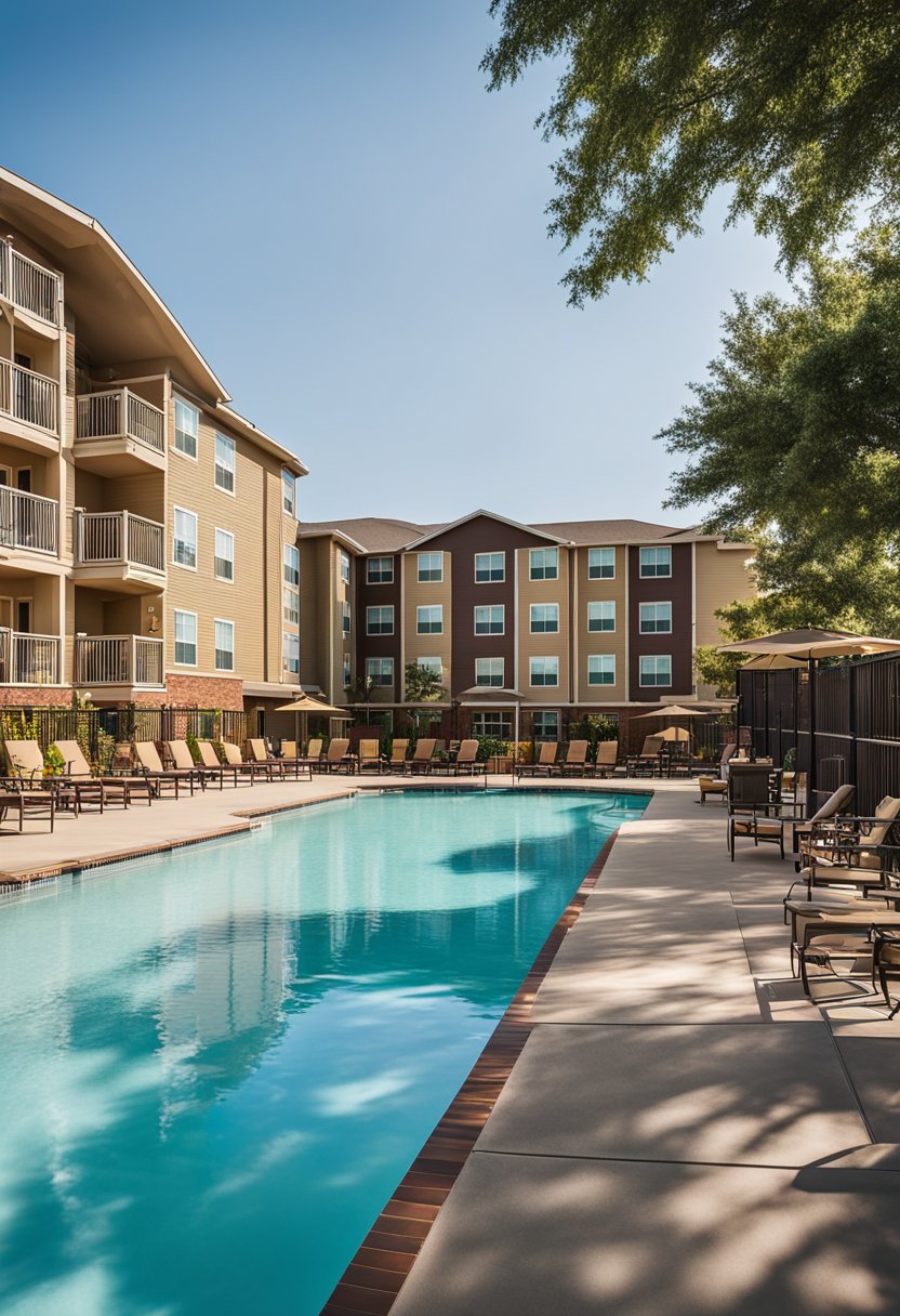 A sunny day at Residence Inn Waco, with a sparkling pool and surrounding cheap hotels