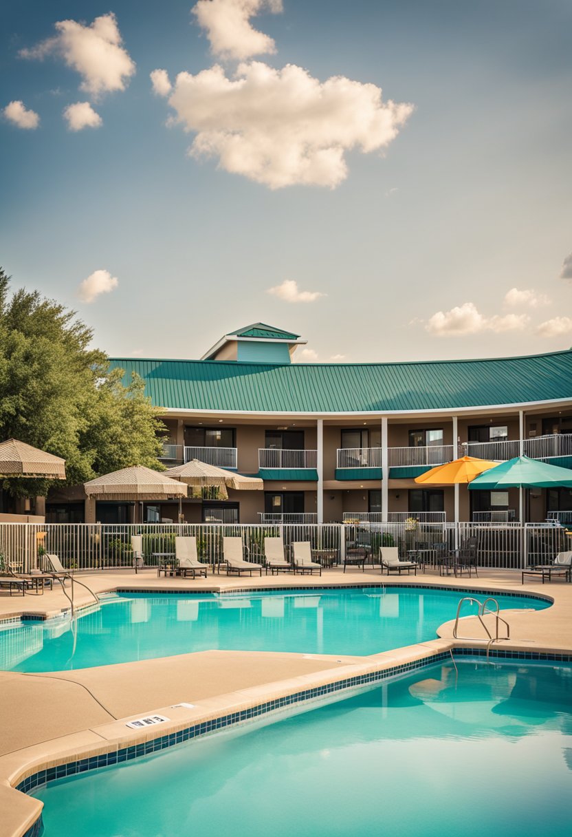 The Quality Inn & Suites in Waco features a sparkling pool surrounded by lounge chairs and umbrellas, inviting guests to relax and enjoy the sunny Texas weather