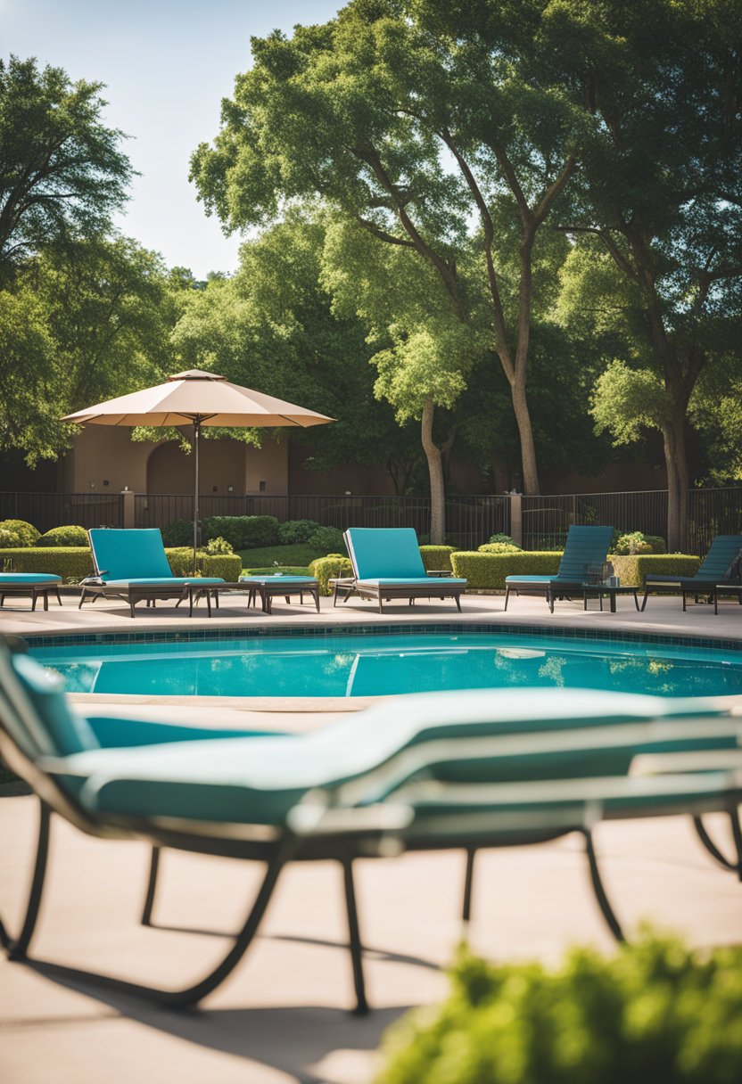A sunny poolside scene at Days Inn by Wyndham in Waco, with lounge chairs, umbrellas, and a sparkling pool surrounded by lush landscaping