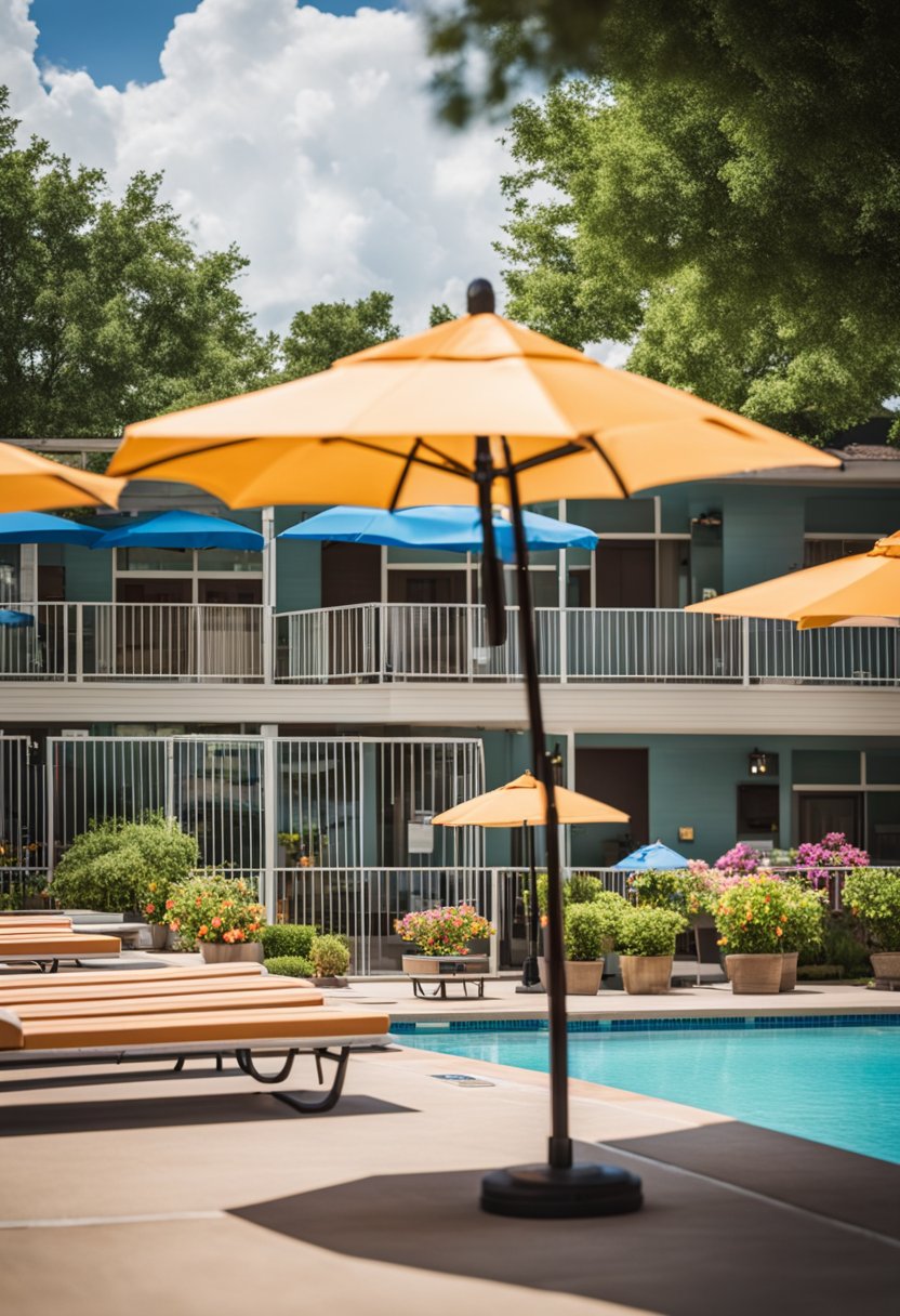 A bustling pool area at Americas Best Value Inn in Waco, with colorful umbrellas, lounge chairs, and families enjoying the affordable hotel amenities
