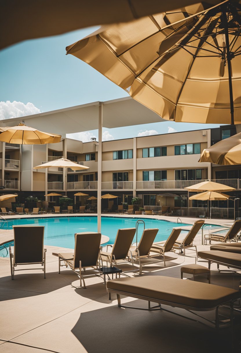 A Super 8 hotel in Waco, Texas, surrounded by lounge chairs and umbrellas