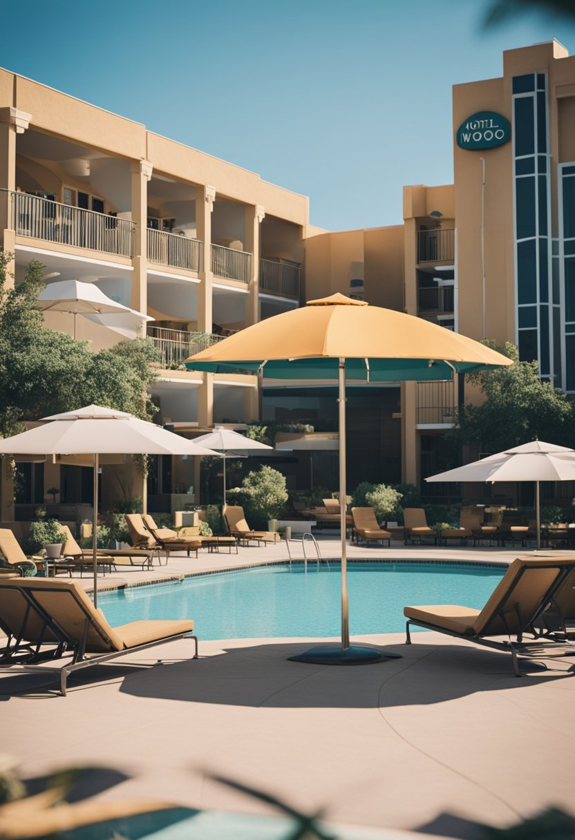 The hotel sign is visible, and the pool area is depicted with lounge chairs and umbrellas