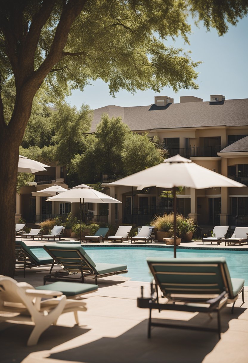 A sunny day at a budget hotel in Waco, with a sparkling pool surrounded by lounge chairs and umbrellas. A family plays in the water while others relax and enjoy the warm weather