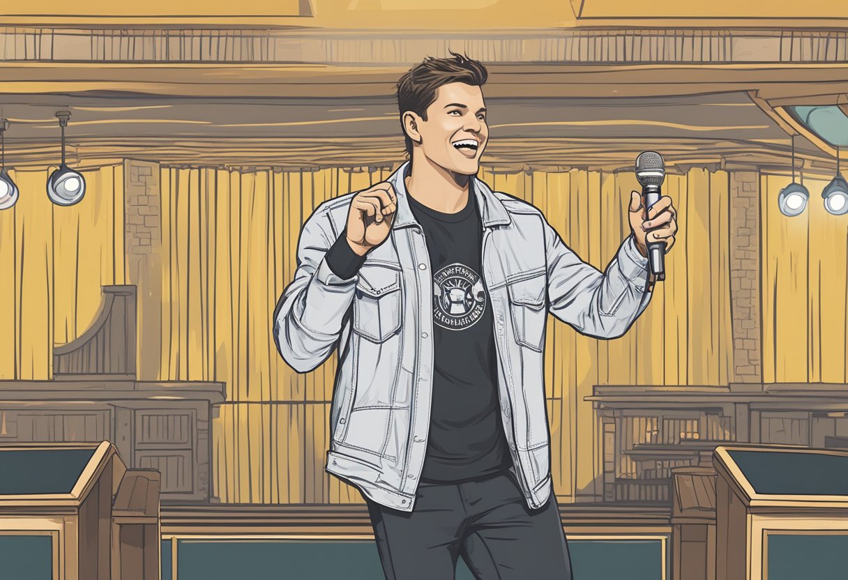 Theo Von's degree in stand-up comedy and tours is depicted through a microphone on stage with a spotlight, a map showing tour locations, and a diploma in comedy