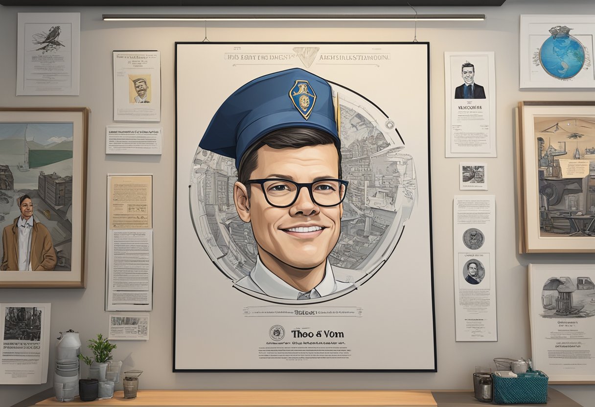 Theo Von's degree in illustration, with a focus on caricature, is displayed on a diploma hanging on the wall of his studio