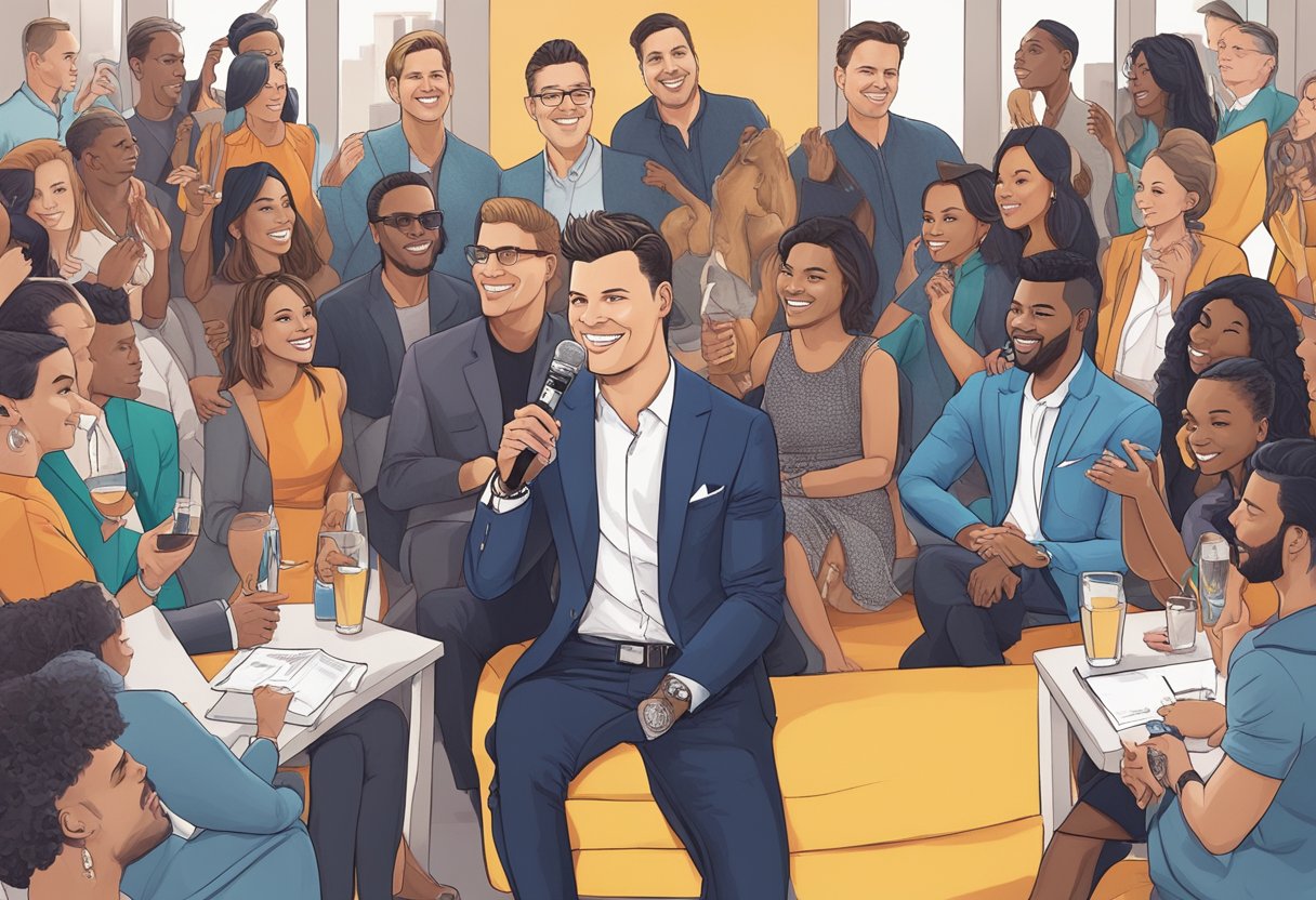 Theo Von's rise to fame through influential collaborations is depicted by a series of networking events and successful partnerships