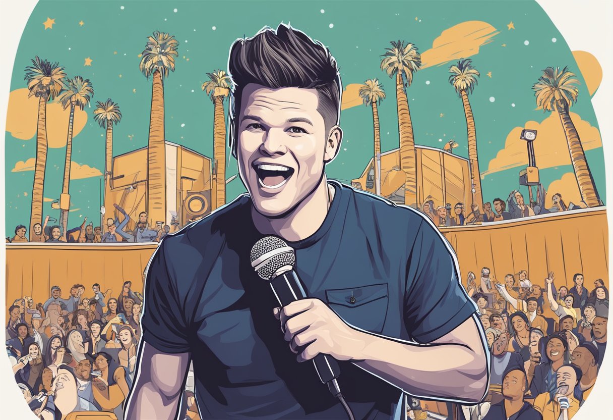 Theo Von's rise to fame: stage lights, microphone, audience laughter, podcast equipment, stand-up comedy flyers