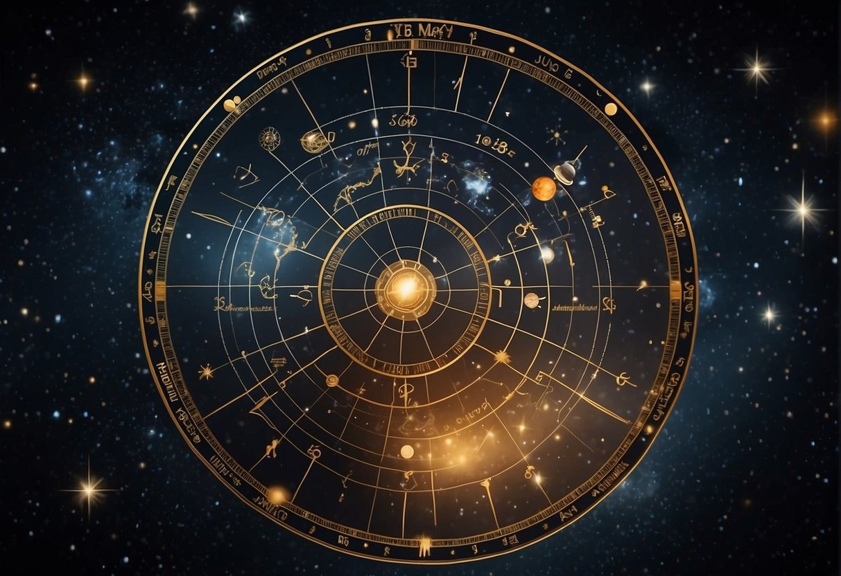 A cosmic chart with zodiac symbols and dates, surrounded by celestial elements and constellations