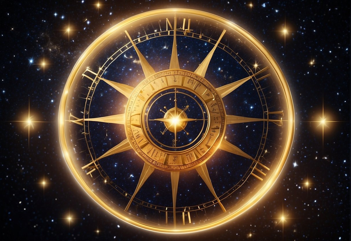 A glowing celestial wheel with zodiac symbols radiating energy, surrounded by stars and cosmic dust