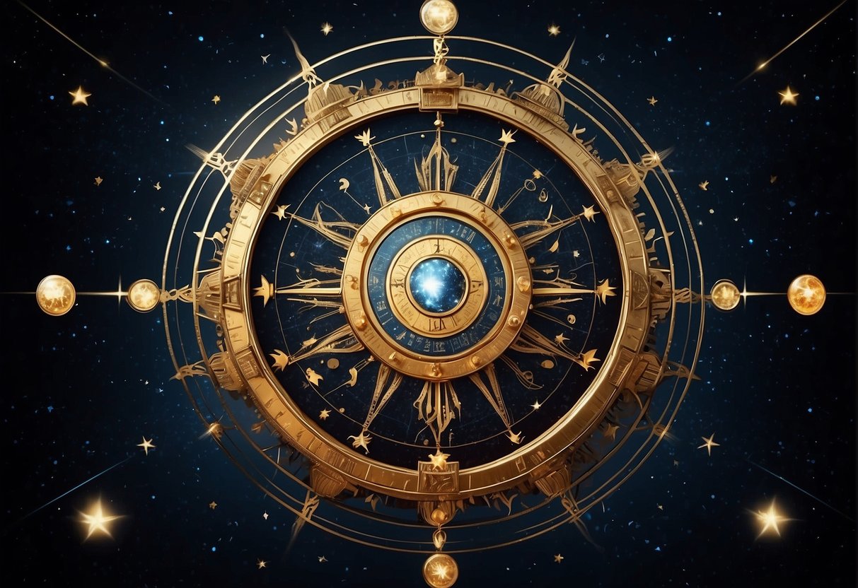 A celestial wheel with zodiac symbols radiating energy, surrounded by stars and cosmic elements