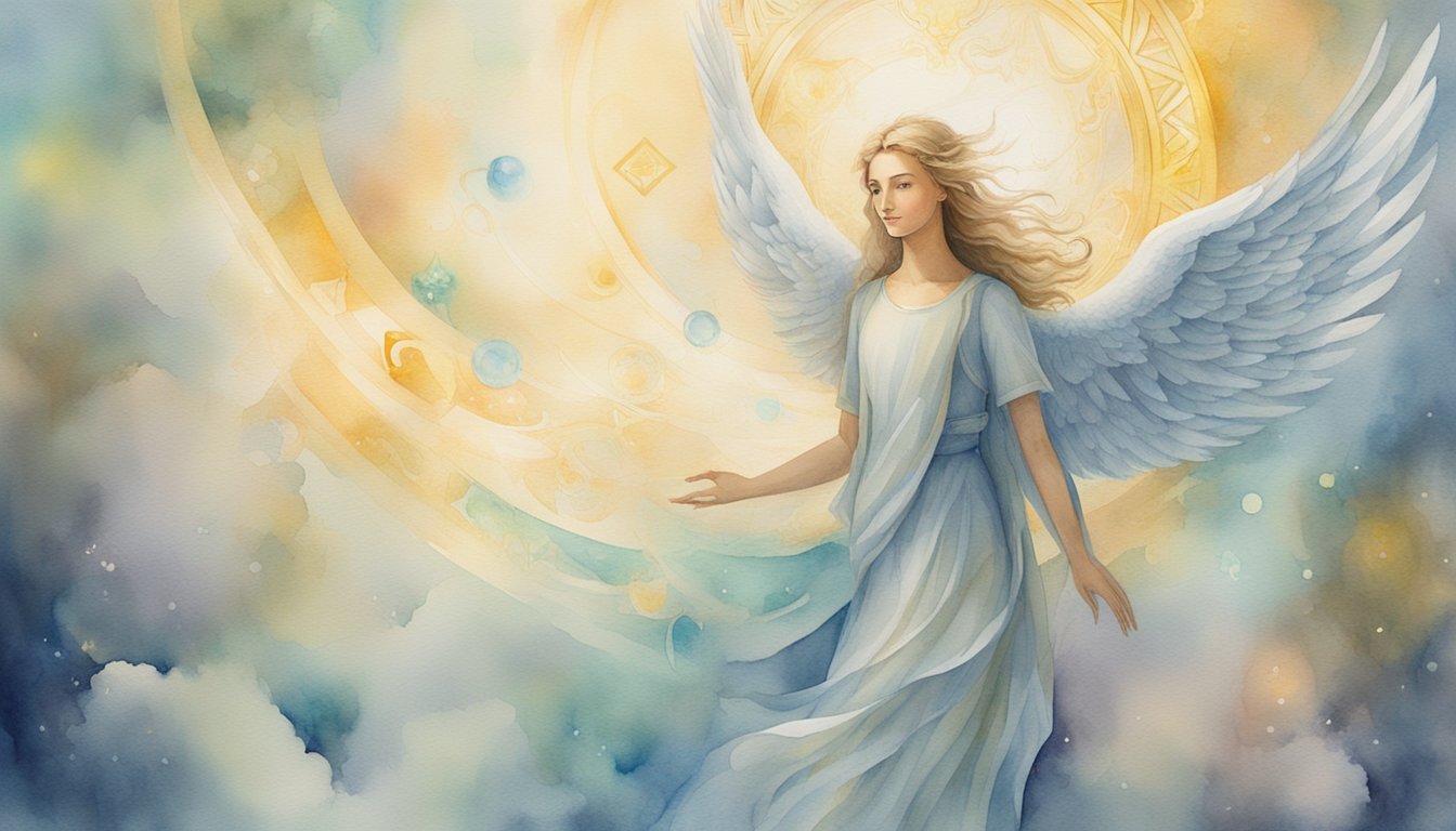 A glowing angelic figure hovers above a person, surrounded by symbols of guidance and protection